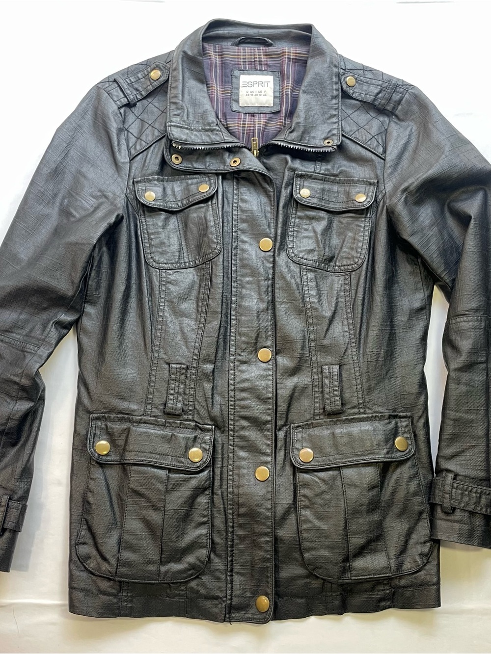 ESPRIT Women’s Coated Linen Blend Utility Field Jacket Plaid Lined Black US 12 L